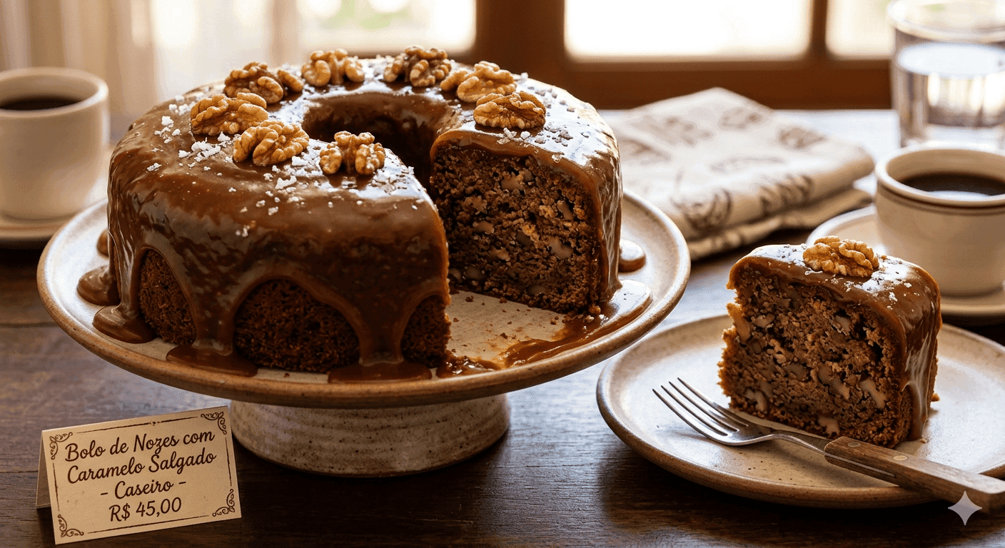 Bolo de Nozes com Cobertura de Caramelo Salgado