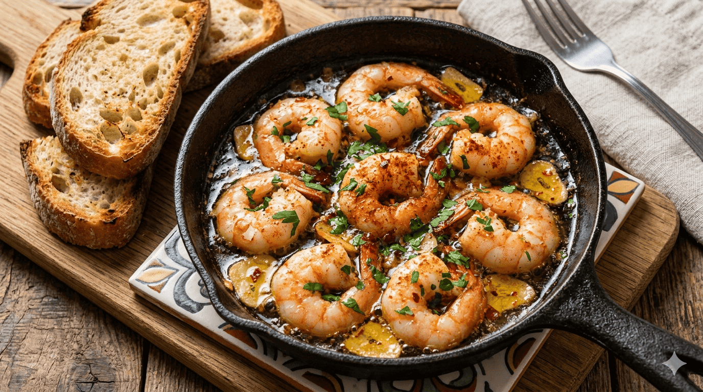 Camarão ao Ajillo com Pão Tostado