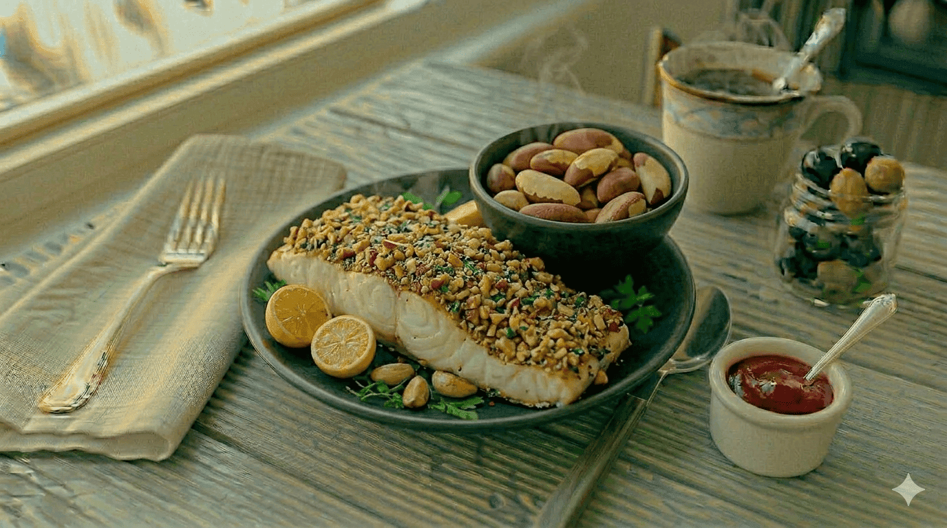 Pirarucu Assado com Crosta de Castanha-do-Pará