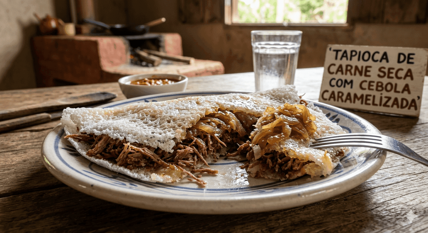 Tapioca de Carne Seca com Cebola Caramelizada