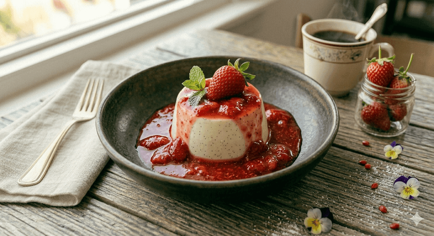 Panacota de Baunilha com Calda de Morango