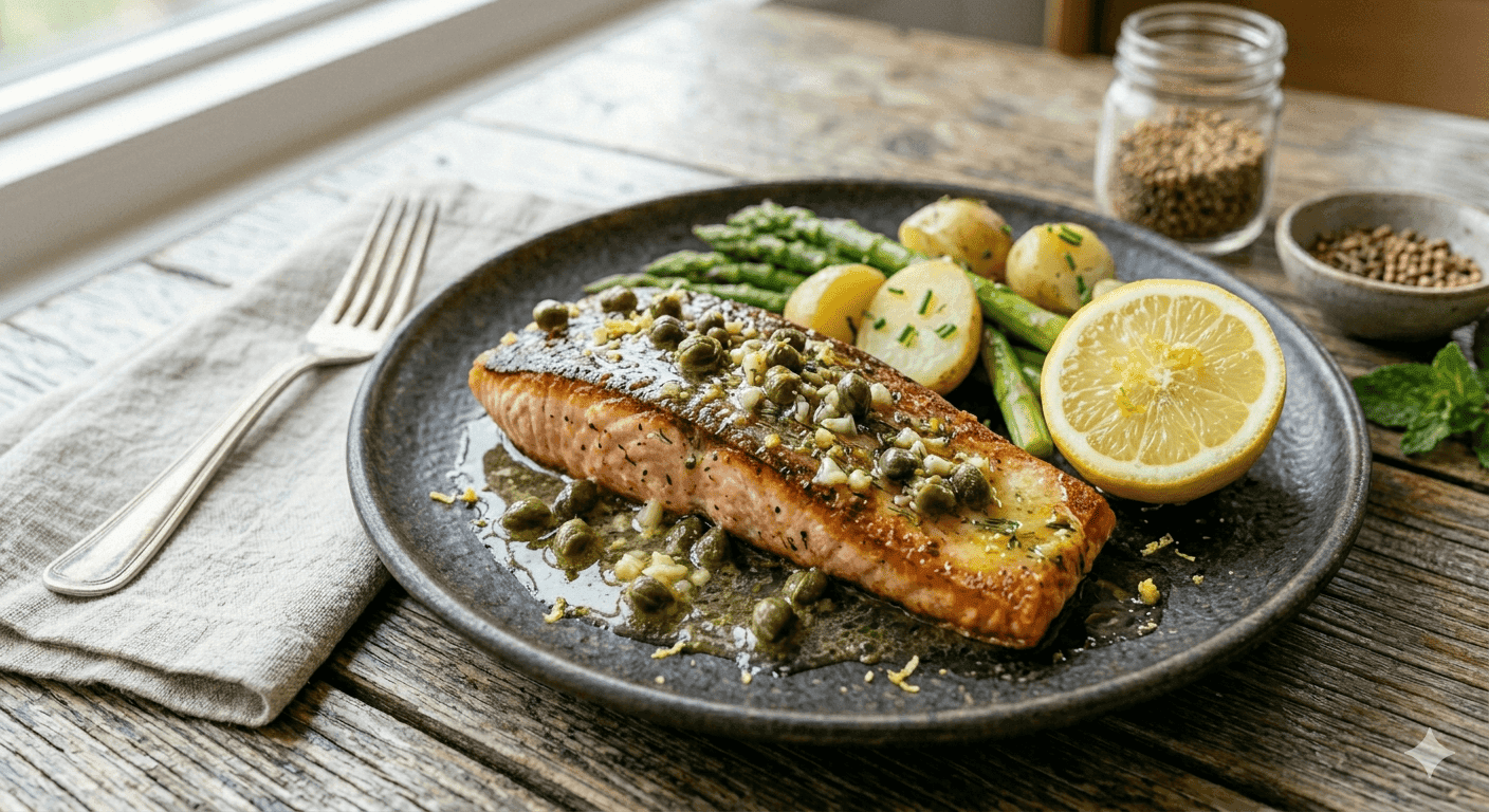 Salmão Grelhado com Manteiga de Alcaparras e Limão