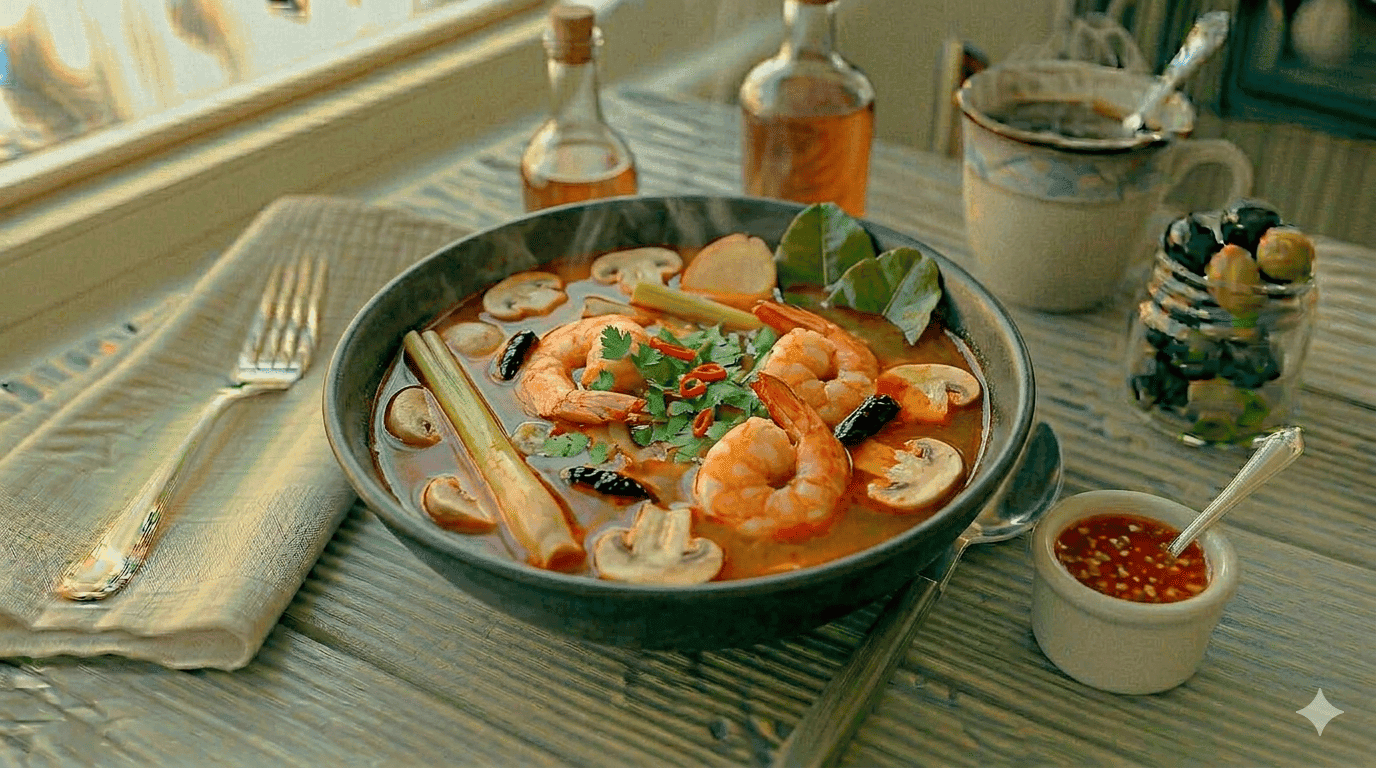 Tom Yum Goong (Sopa Tailandesa Picante com Camarão)